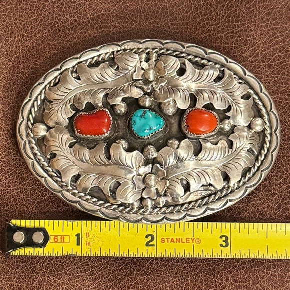 Silver Oval Belt Buckle with Coral and Turquoise Stones - Picture 6 of 6